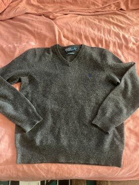 Polo by Ralph Lauren Men's V-Neck Sweater - Charcoal Gray with Blue Logo